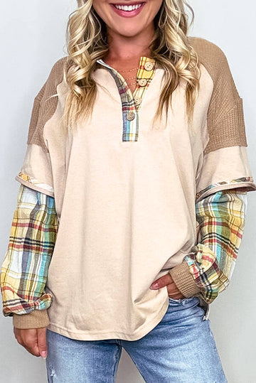 Parchment Plus Size Plaid Patchwork Layered Henley Top